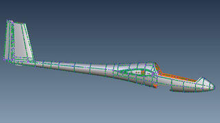 Flächenrückführung - Segelflieger Seitenansicht - Polygonalmodell mit Kurvennetzwerk für NURBS-Berechnung.